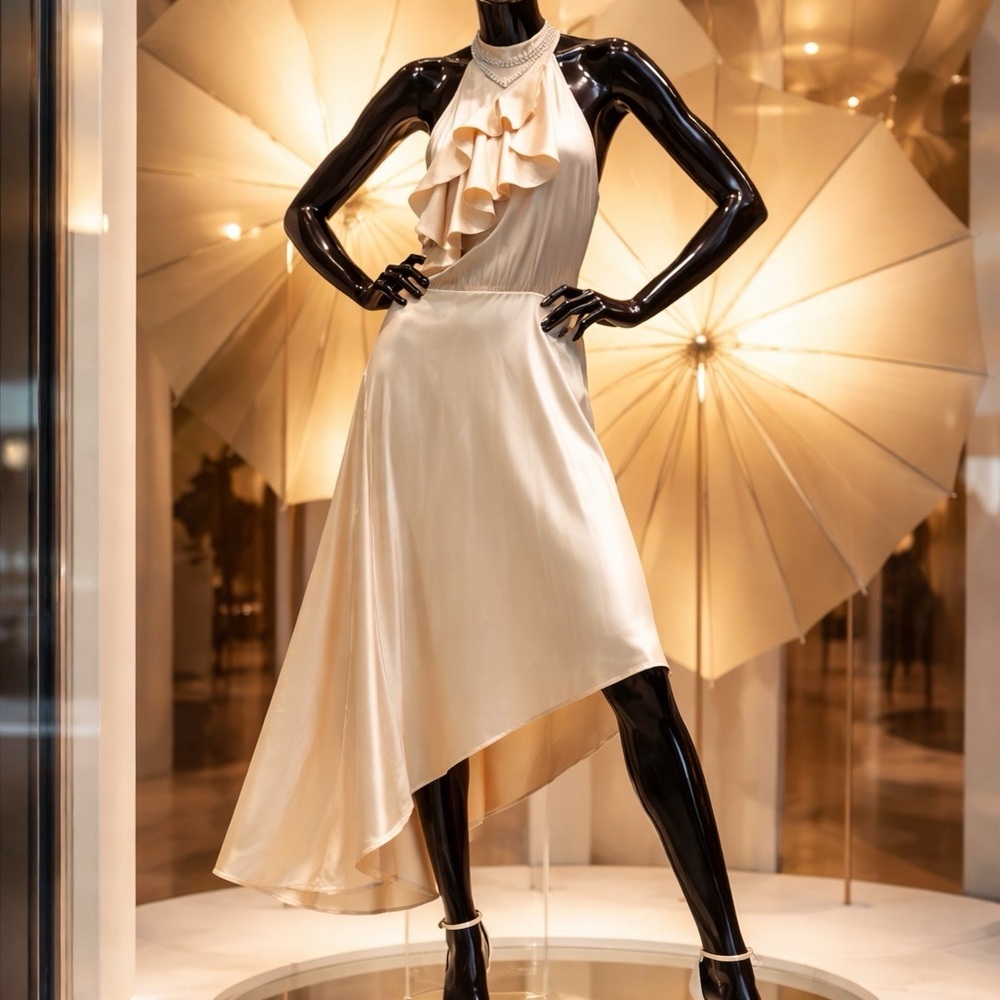Nikolaki Asymmetrical Satin Dress in Cream